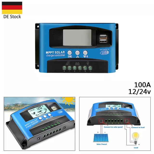 MPPT Solar Ladegerät Controller Panel Regler mit 2 USB Digital LCD 100A 12V/24V