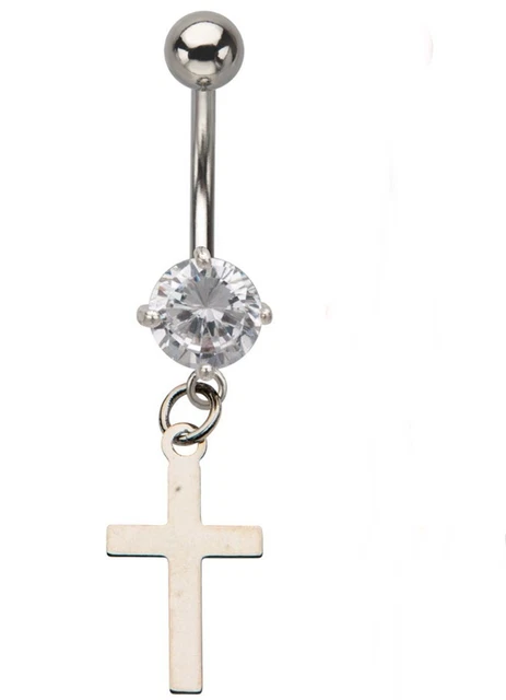 Belly Ring Cross w/Clear Gem Dangle Naval Steel Body Jewelry