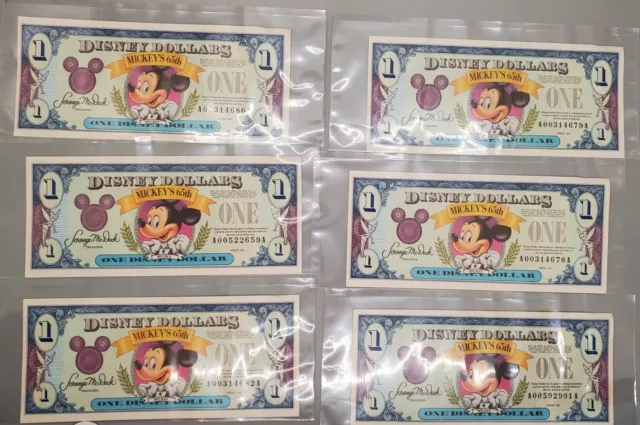 Lot of 6 - 1993 One ($1) Disney Dollar Mickey's 65th - Excellent Condition! Lot of 6 - 1993 One ($1) Disney Dollar Mickey's 65th - Excellent Condition!