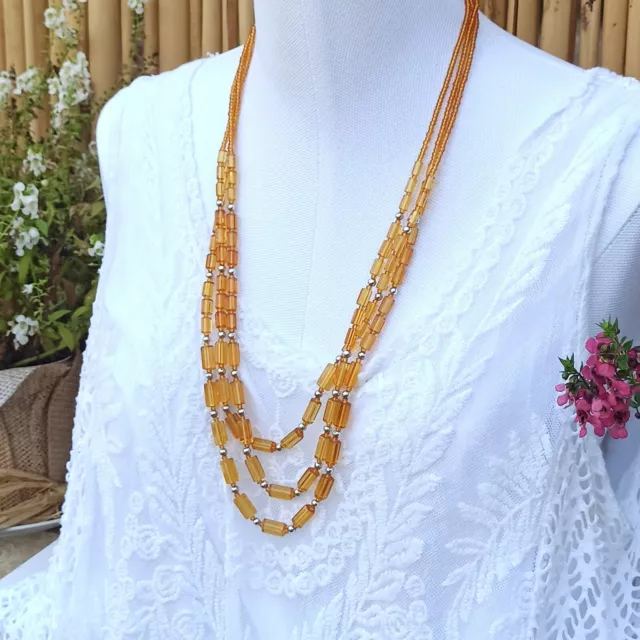 Vintage 3 Strand Necklace Long Art Deco Yellow Amber Tone Glass Square Beads VTG