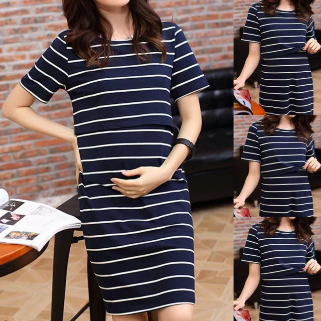 Women Summer O-Neck Pregnant Nursing Sundrss Maternity Short Sleeve Stripe Dress