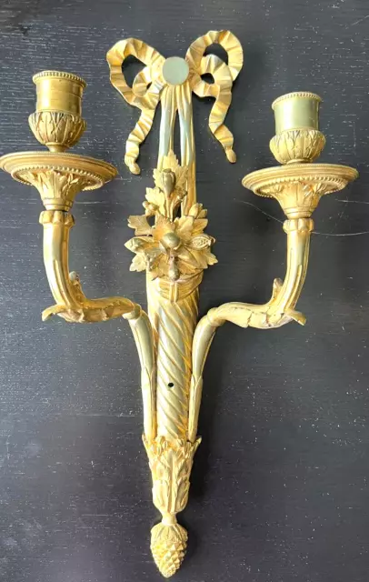 Antique Victorian French Double Arm Gilt Bronze Wall Sconce Candle Holders Pair 3