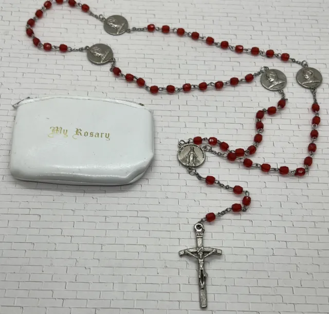 Vintage Pope John Paul II Rosary Red Bead With Pouch
