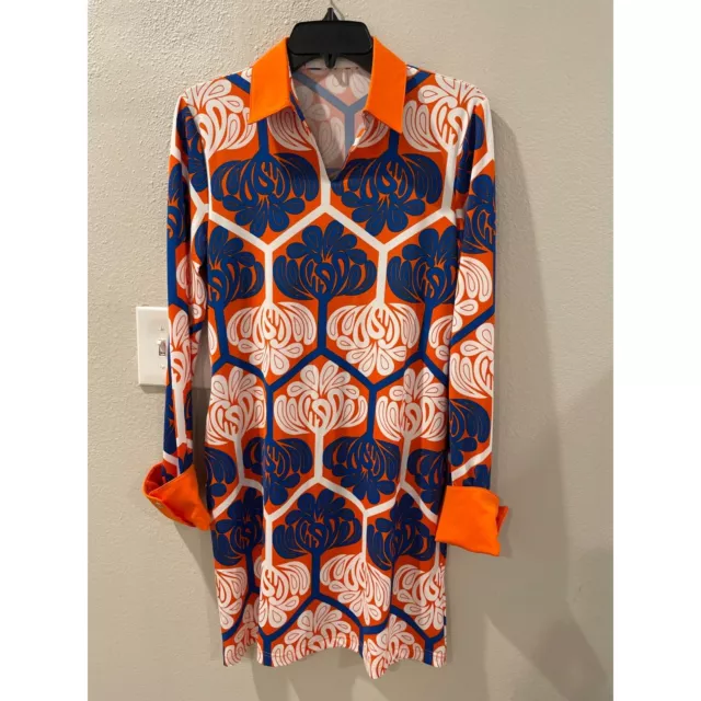 Tracy Negoshian Womens Orange And Blue Collared Dress Size M