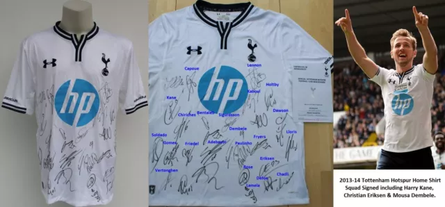 2013-14 Tottenham Home Shirt Squad Signed inc. Kane, Eriksen & Dembele COA & Map