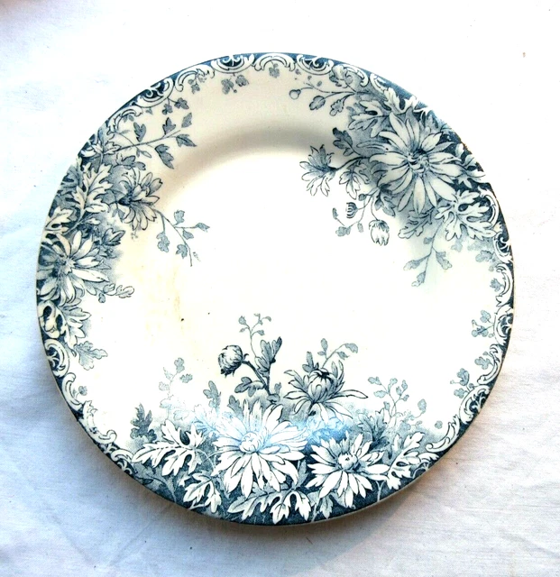 Assiette plate Art Déco porcelaine opaque de GIEN en gris-bleu: Fleurs d'automne