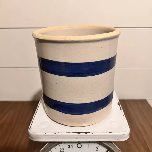 Crock RRP Co Blue Stripe Band Roseville Ohio Pottery USA 303-E Stoneware Vintage