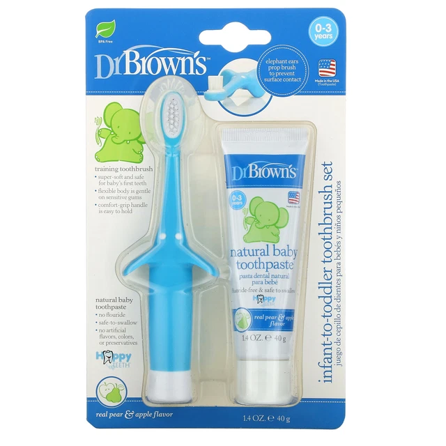 Dr. Brown's, Infant to Toddler Toothbrush Set, 0-3 Years, Blue, Real Pear &