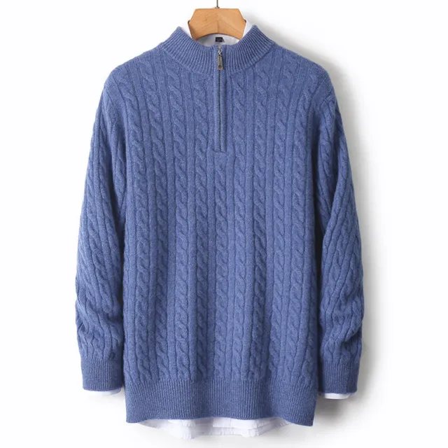 Men's Pure Wool Sweater Pullover Mock Neck Zip Autumn Winter Cashmere Sweater