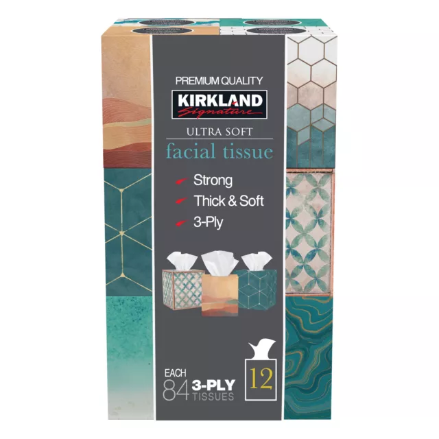 Professional title: "Kirkland Signature 3-Ply Facial Tissue, 84 Sheets per Box,