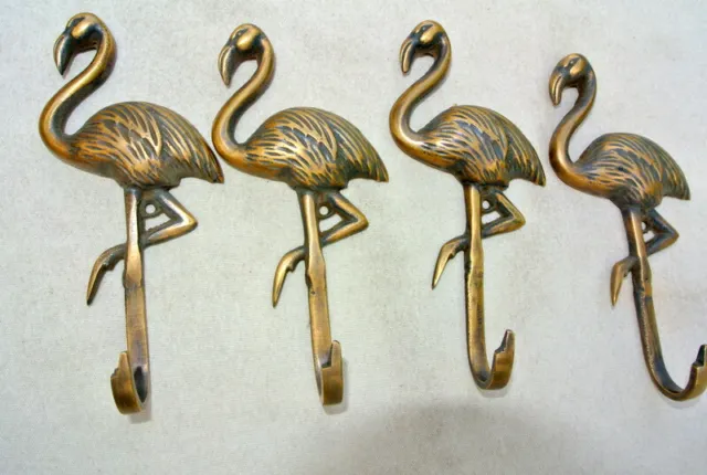 4 FLAMINGO hooks 5.1/2 " long aged solid real heavy BRASS old vintage style B