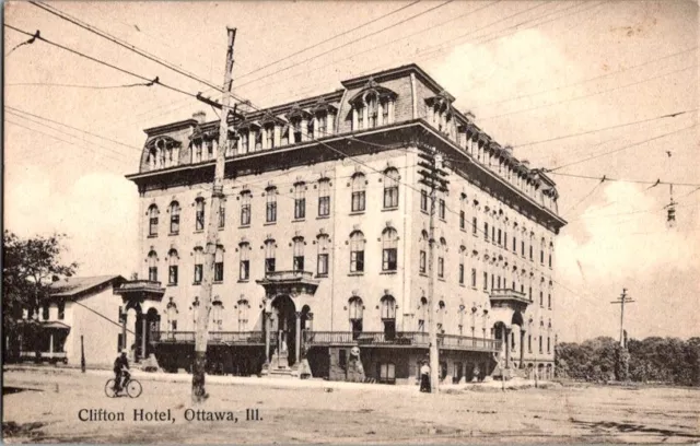 Vintage Postcard Man Rides Bike past Clifton Hotel Ottawa IL Illinois 1907 B-582