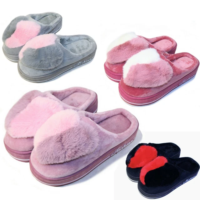 SCARPE Donna Pantofole Ciabatte Cuore Ecopelliccia Calde Antiscivolo Zeppa D59
