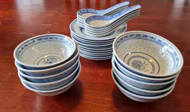 Vintage 30 pc Chinese Porcelain Rice Grain Bowls/Small plate/spoons Flower