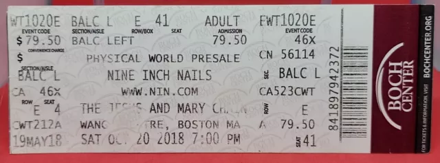 USED Concert Ticket Stub NINE INCH NAILS 10/20/18 BOSTON MASS MASSACHUSETTS