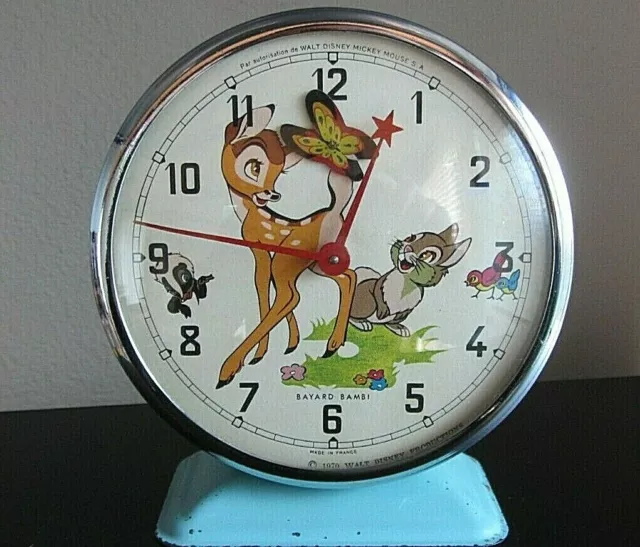 VINTAGE BAYARD BAMBI francese DISNEY SVEGLIA 1970 ANIMATA FUNZIONANTE REVISIONAT