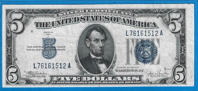 1934 C $5 Silver Certificate Note,Wide Face Variety, Blue Seal,Circ VF,Nice!