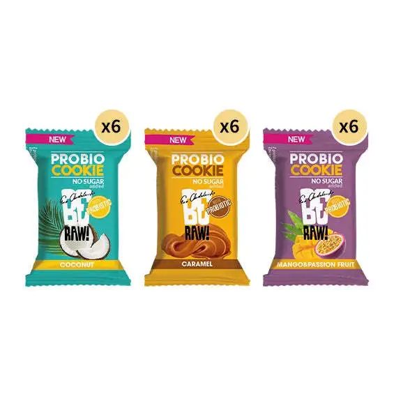 Be Raw Starter Pack 3x6 Probio Cookie Coconut, Mango & Passion Fruit, Caramel 18