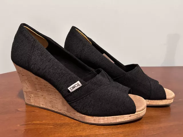 Toms black peep toe fabric cork wedge espadrilles size 9M