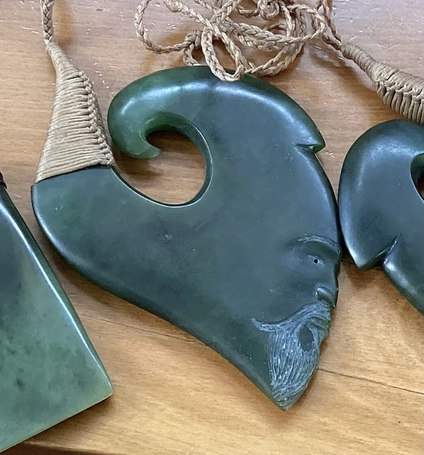 N Jerry Rare Nz Pounamu Greenstone  Jade Huge Bound Maori Hei Matau Sea God Hook