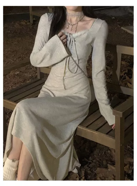 Grey Frenchy Sweetheart Neck Flounce Sleeve Asymmetrical Hem Knit Dress