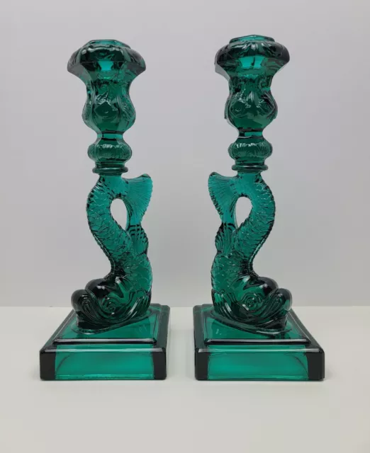 Vintage Pair Dolphin Candle Stick Teal Green Glass MMA 10.75” Koi