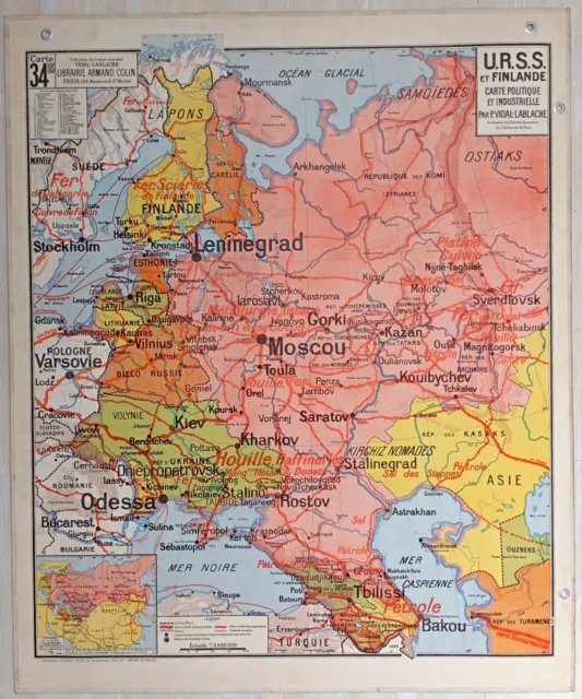 🌏 Ancienne carte scolaire Vidal-Lablache 34, 1950 - URSS et Finlande