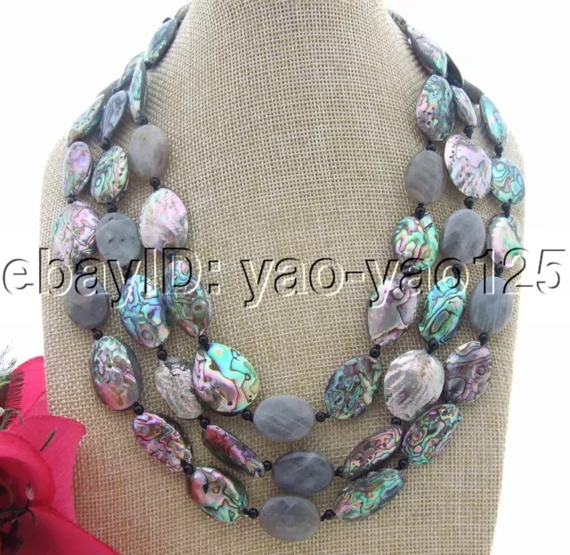 3Strands Natural Paua Abalone Shell&Labradorite&Onyx Necklace