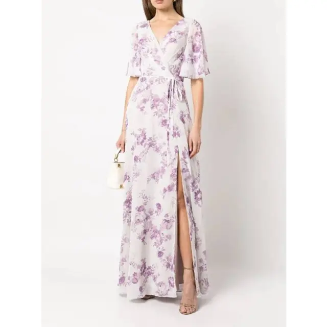 Marchesa Notte Bridesmaid 14 NWT Lilac Floral Wrap Open Back Dress Gown Maxi
