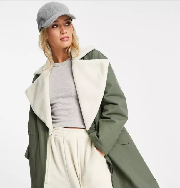 ASOS DESIGN quilt lined parka coat with borg collar Olive 12