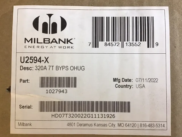 Milbank U2594X 320 Amp 7 Term OH/UG 3 PHASE Meter Base Socket⭐️BRAND NEW IN BOX