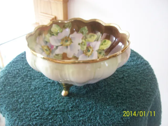 Nippon Stunning Handpainted Floral Gilt Gold Footed Decorative Bowl 2