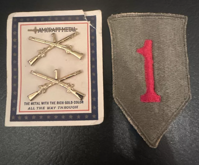 WW2 US 1st Infantry Division Officer Brass On Original Card And Patch