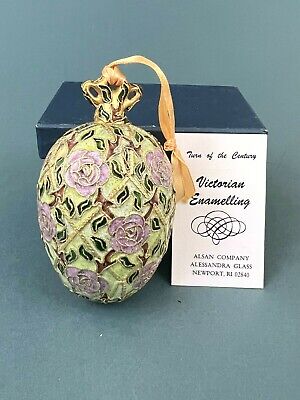 Alsan Victorian Enamelling Green Enamel Pink Rose Gold Gilt Egg Xmas Ornament