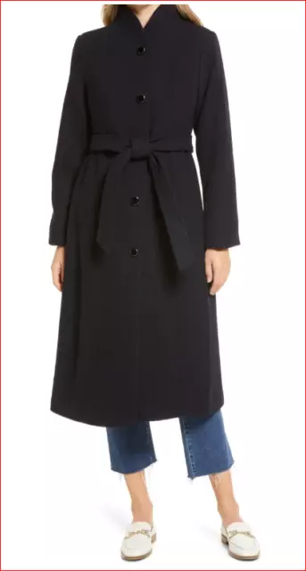 NWT Kate Spade New York long belted high neck wool coat jacket Black Medium 8-10