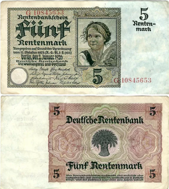 Rentenbankschein 5 Rentenmark 1926 Berlin DEU-209b Ro.164b P-169(2) SEHR SELTEN