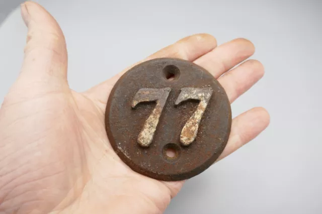 Antique Cast Iron Door Number Plaque 77 Industrial Old Railway Shed Locker 1900s
