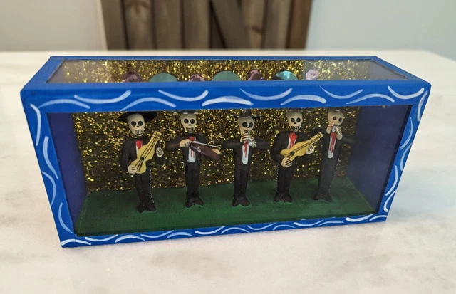 Mexican folk art diorama with 5 Day of the Dead mariachi figurines