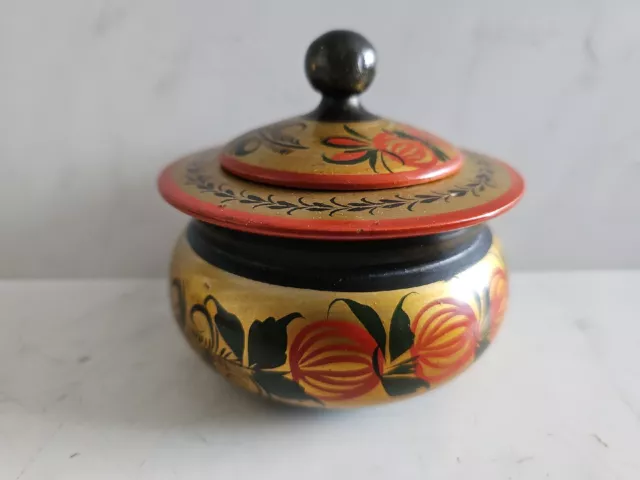 Russian Khokhloma Wooden Lidded Jar Pot Lacquer Hand Painted Folk Art Strawberry