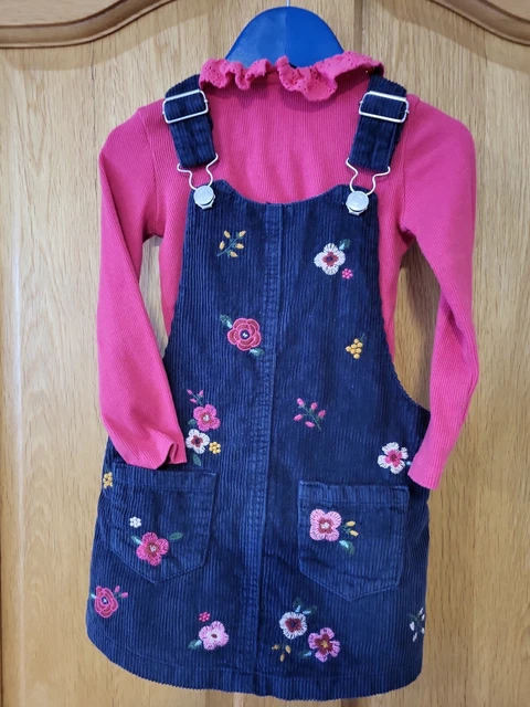 Navy Cord Dress Floral With Long Sleeve Pink Top Frill Neck Age 2-3 Years...