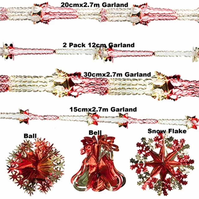 Red & Gold Xmas Hanging Ceiling Wall Decoration Foil Garland Bell Ball SnowFlake