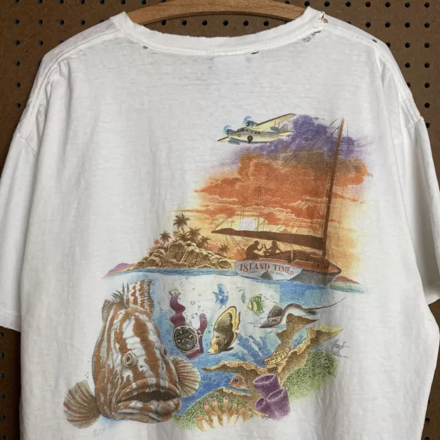 Camiseta blanca vintage años 90 alma caribeña naturaleza animal pez océano angustiado 2XL