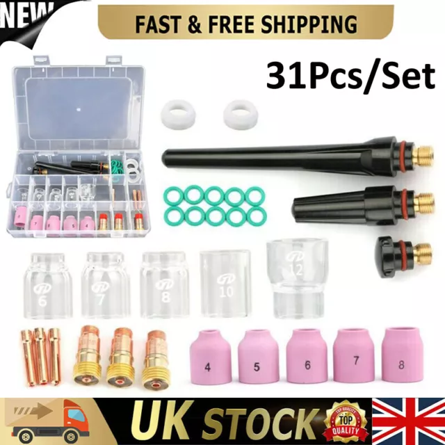 31Pcs TIG Welding Stubby Gas Lens #12 Glass Cup Kit For Tig WP-17/18/26 Torch UK