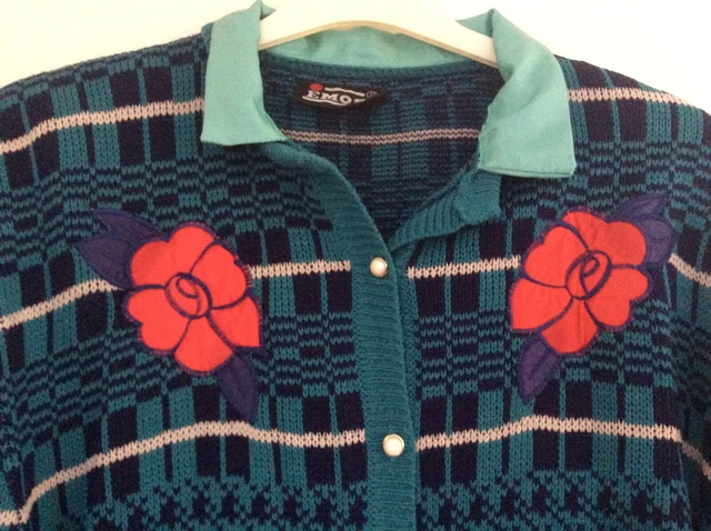 Cardigan turchese vintage anni '90 donna blu navy spalline medie