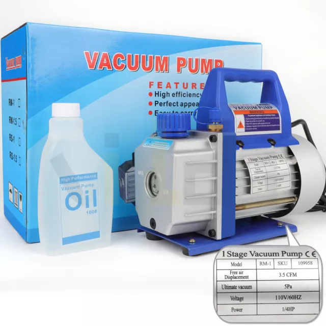 3.5CFM Vacuum Pump Rotary Vane 1/4HP AC 110V HVAC Refrigerant W/ Oli
