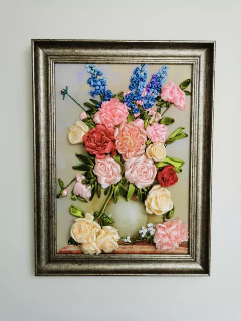 LARGE HANDMADE - Bouquet in a vase - 3D silk ribbon embroidery - art - picture