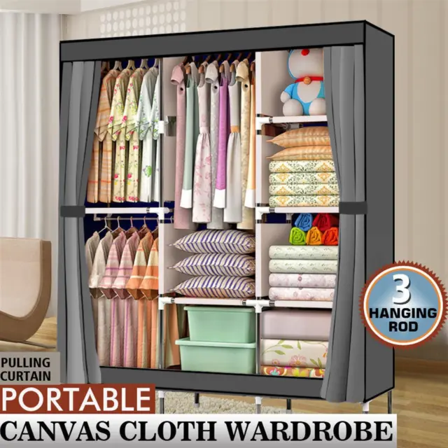 Canvas Fabric Wardrobe Large Portable Clothes Closet Storage Cupboard Dust Proof