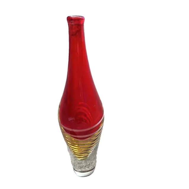 Art Glass Vase or Bottle Studio Hand Blown Red & Yellow White Spiral 14" Heavy