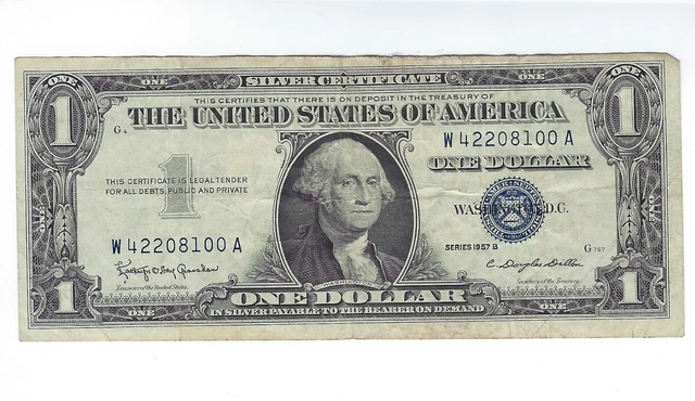 1957 B Currency Silver Certificate One Dollar Paper Money Circulated $1 1957B