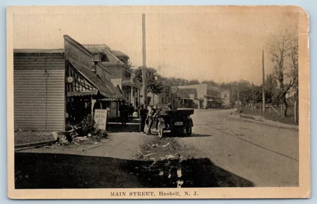Postcard NJ Haskell c1918 Main Street View Store Reid Ice Cream Sign Old Car U8